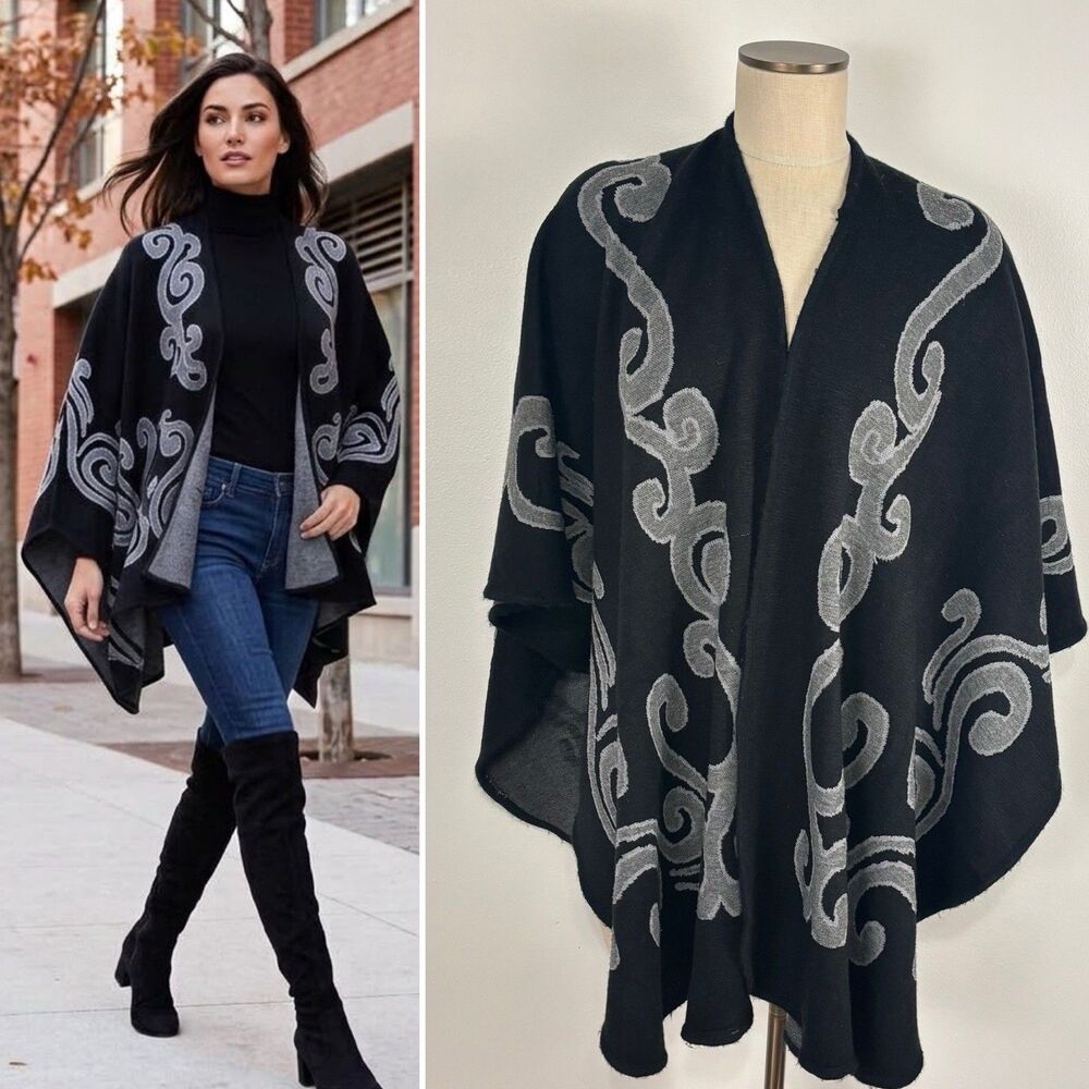 Black Wool Blend Knit Poncho Cape Wrap Grey Scroll Jacquard Ruana Open Front OS